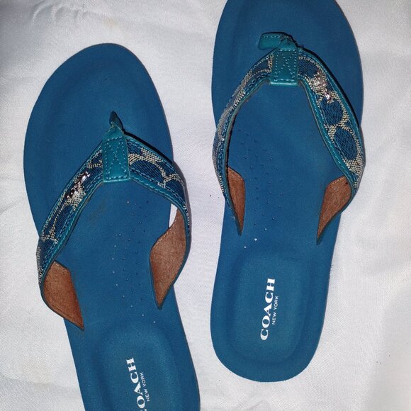 COACH • Teal Blue Signature Flip Flop Sandals • Sz 10 - Picture 1 of 4